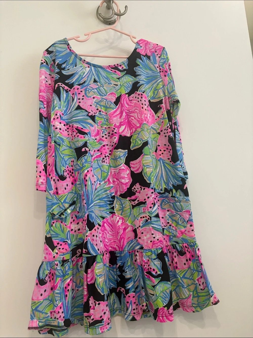 Lilly Pulitzer Black Tropical Pink & Blue Floral Ruffle Hem Dress